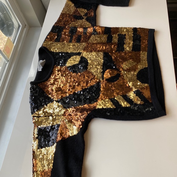 Vintage Semplice Sequin Metallic Front Design Black Wool Cropped Sweater EUC Med - Picture 14 of 16